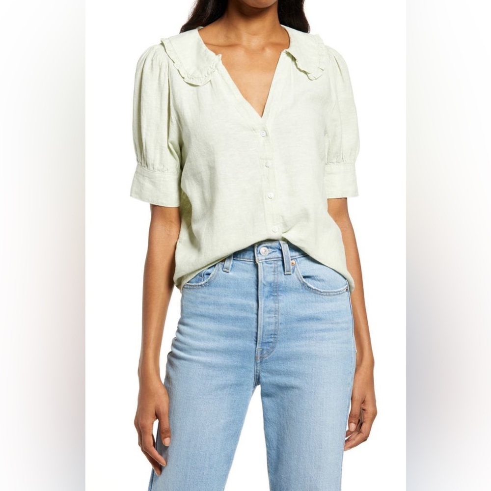 Madewell Pale Green Button-Front Puff Sleeve Blouse
